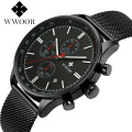 WWOOR 8862 Stylish Waterproof Multi-function Sports Quartz Watch Men Stainless Steel Band Three Eyes Watch Chronograph